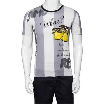 Pre Owned Dolce & Gabbana Grey Lemon Print Cotton Raw Seam & Stitch Detail T-Shirt S