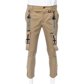 Pre Owned Dolce & Gabbana Beige Cotton Suspender Detail Trousers S