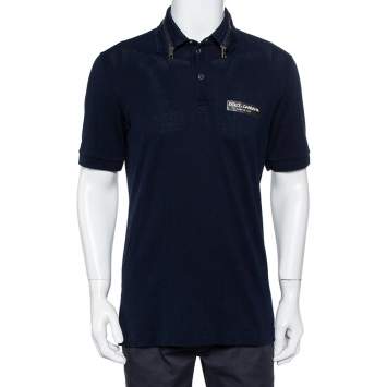 Pre Owned Dolce & Gabbana Navy Blue Cotton Pique Collar Zip Detail Polo T-Shirt L