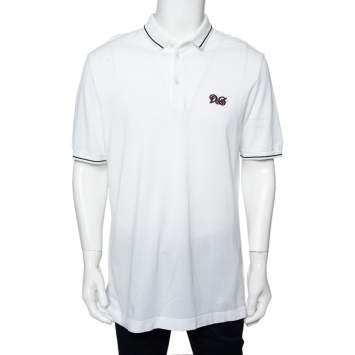 Pre Owned Dolce & Gabbana White Logo Embroidered Cotton Pique Polo T-Shirt XXL