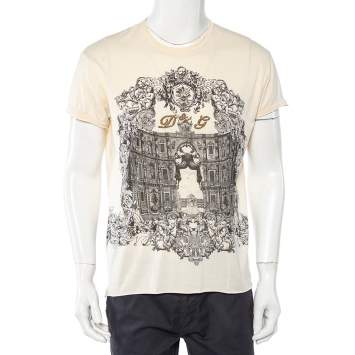 Pre Owned Dolce & Gabbana Cream Sicilian Building Printed & Logo Embellished T-Shirt L