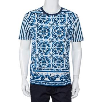 Pre Owned Dolce & Gabbana White Striped Majolica Printed Crewneck T-Shirt M