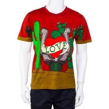 Pre Owned Dolce & Gabbana Red Cactus & Love Printed Crewneck T-Shirt M