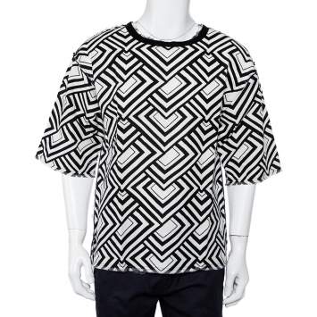 Pre Owned Dolce & Gabbana Monochrome Geometric Printed Cotton & Linen Oversized T-Shirt S
