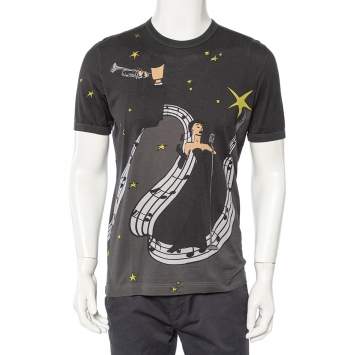 Pre Owned Dolce & Gabbana Black Star % Musical Printed Cotton Crewneck T-Shirt XL
