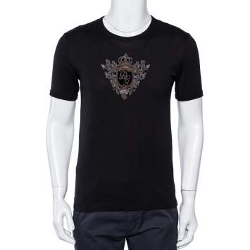 Pre Owned Dolce & Gabbana Black Cotton Logo Embellished Crewneck T-Shirt S