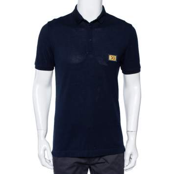 Pre Owned Dolce & Gabbana Navy Blue Cotton Pique Logo Patch Detail Polo T-Shirt M