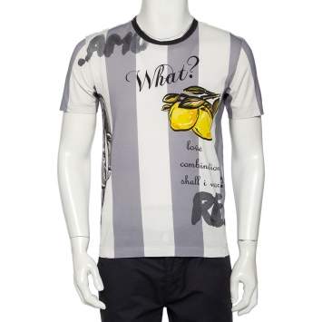 Pre Owned Dolce & Gabbana White & Grey Striped Lemon Printed Cotton Crewneck T-Shirt M