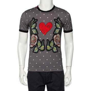 Pre Owned Dolce & Gabbana Grey Polka Dot Rose & Heart Printed Crewneck T-Shirt M