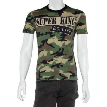 Pre Owned Dolce & Gabbana Multicolor Camouflage Slogan Printed Cotton Crewneck T-Shirt S