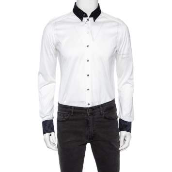Pre Owned Dolce & Gabbana White Cotton Knit Contrast Polka Dot Collar Shirt L
