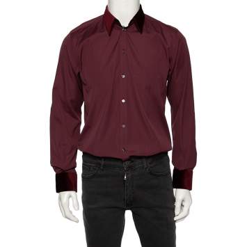 Pre Owned Dolce & Gabbana Burgundy Cotton Velvet Collar Martini Shirt M