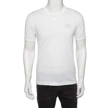 Pre Owned Dolce & Gabbana White Cotton Logo Plaque Detail V-Neck T-Shirt L 