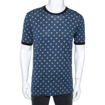 Pre Owned Dolce & Gabbana Navy Blue Cotton Polka Dot Crew Neck XL 