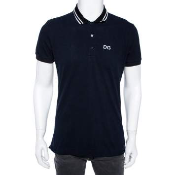 Pre Owned Dolce & Gabbana Navy Blue Cotton Striped Collar Detail Polo T-Shirt L
