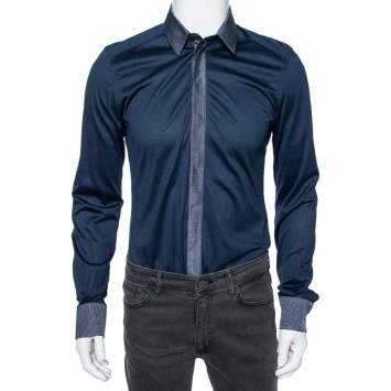 Pre Owned Dolce & Gabbana Navy Blue Cotton Contrast Collar and Cuff Shirt L