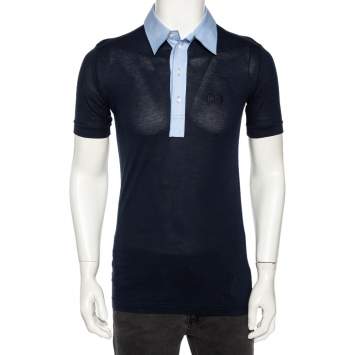Pre Owned Dolce & Gabbana Navy Blue Jersey Contrast Collar Detail Polo T Shirt M 