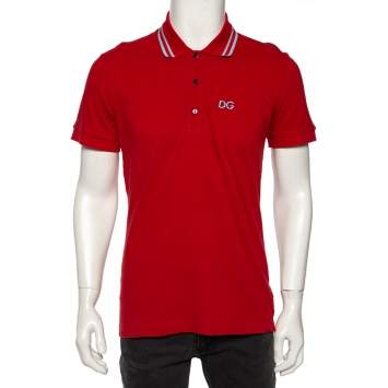 Pre Owned Dolce & Gabbana Red Cotton Pique Striped Collar Detail Polo T-Shirt L 
