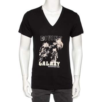 Pre Owned Dolce & Gabbana Black Cotton Printed V-Neck T-Shirt M