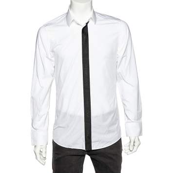 Pre Owned Dolce & Gabbana White Cotton Contrast Logo Tape Detail Gold Fit Shirt M