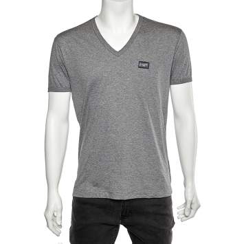Pre Owned Dolce & Gabbana Grey Cotton Logo Plaque Detail V-Neck T-Shirt L