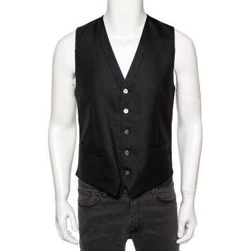 Pre Owned Dolce & Gabbana Black Patterned Wool Button Front Waistcoat M