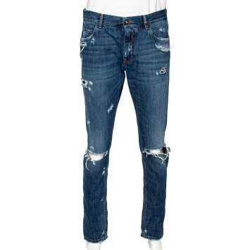 Pre Owned Dolce & Gabbana Blue Distressed Denim Regular Fit Jeans L