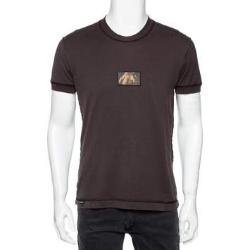 Pre Owned Dolce & Gabbana Brown Printed Cotton Rawedge Detail Crewneck T-Shirt M
