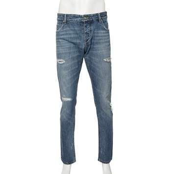 Pre Owned Dolce & Gabbana Blue Distressed Denim Tapered Jeans XL 
