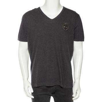 Pre Owned Dolce & Gabbana Grey Cotton Crown & Bee Patch V-Neck T Shirt XXXL