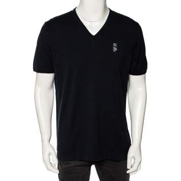 Pre Owned Dolce & Gabbana Navy Blue Cotton Embellished Detail V-Neck T-Shirt XXL