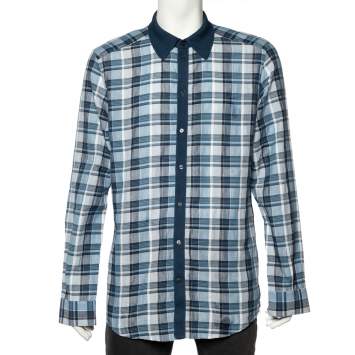 Pre Owned Dolce & Gabbana Blue Checkered Cotton Knit trim Gold Fit Shirt XXL