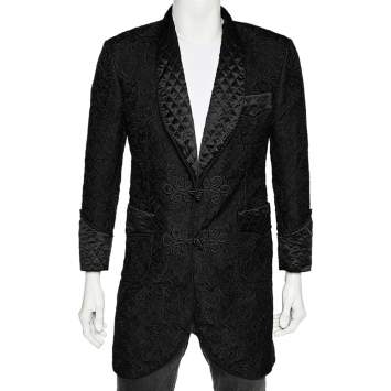 Pre Owned Dolce & Gabbana Alta Sartoria Black Embossed Jacquard Long Blazer L