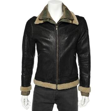 Pre Owned Dolce & Gabbana Black Leather & Cotton Layered Zip Front Jacket S