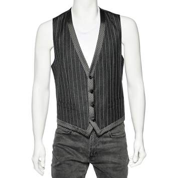 Pre Owned Dolce & Gabbana Charcoal Grey Striped Wool Contrast Trim Vest M