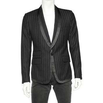 Pre Owned Dolce & Gabbana Charcoal Grey Striped Wool & Silk Trimmed Blazer M