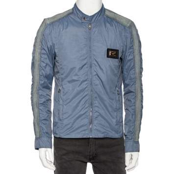 Pre Owned Dolce & Gabbana Blue Synthetic and Leather Trim Zip Front Jacket M