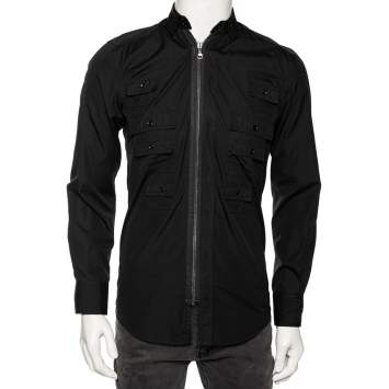 Pre Owned Dolce & Gabbana Black Cotton Pocket Detail Zip Front Slim Fit Shirt M