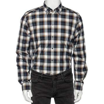 Pre Owned Dolce & Gabbana Blue & Brown Plaid Checked Cotton Gold Label Shirt XL
