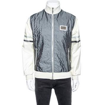 Pre Owned Dolce & Gabbana Grey & Cream Colorblock Synthetic Zip Front Jacket L
