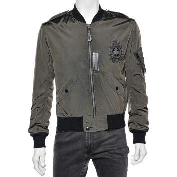 Pre Owned Dolce & Gabbana Military Green Nylon Bee & Crown Embellished Bomber Jacket S