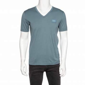 Pre Owned Dolce & Gabbana Blue Cotton Knit Logo Plaque Detail V-Neck T-Shirt M