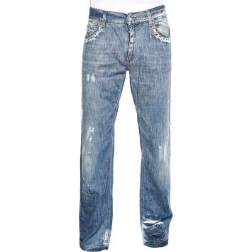 Pre Owned Dolce & Gabbana 20 Blue Denim Loose Fit Distressed Jeans L