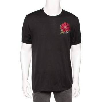 Pre Owned Dolce & Gabbana Black Cotton Floral Applique Detailed Slim Fit T-Shirt XL