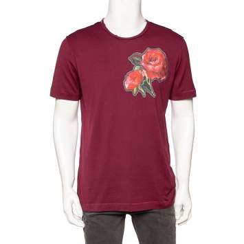 Pre Owned Dolce & Gabbana Burgundy Cotton Rose Applique Detailed T-Shirt XL