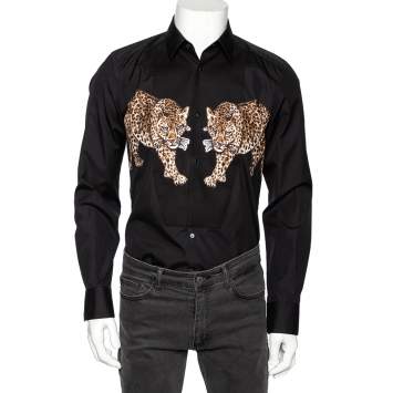 Pre Owned Dolce & Gabbana Black Cotton & Silk Tiger Appliqued Tuxedo Shirt M