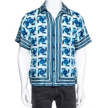 Pre Owned Dolce & Gabbana Blue Printed Silk Short Sleeve Shirt XS