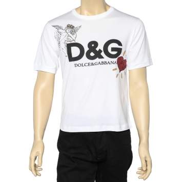 Pre Owned Dolce & Gabbana White Logo Heart Printed Cotton T-Shirt S