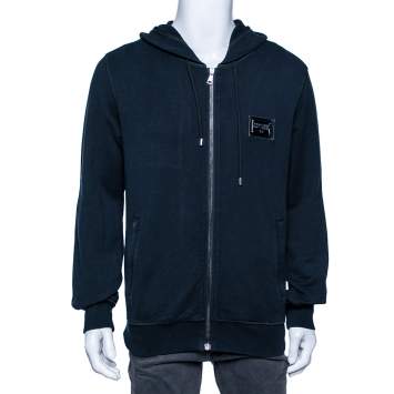 Pre Owned Dolce & Gabbana Navy Blue Cotton Logo Plaque Vintage Hoodie XXL