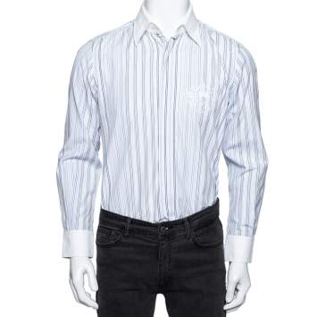 Pre Owned Dolce & Gabbana Blue Striped Cotton Contrast Detail Slim Fit Shirt M